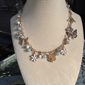 Butterfly Necklace Flower Charm Beaded Gold Tone Chain Adjustable Length Boho‎